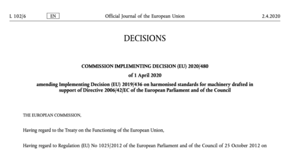 机械指令2006/42 / EC：欧盟委员会更新了欧洲协调标准清单
